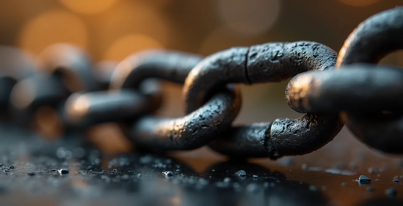 Vue macro d'une chaîne métallique montrant la force de chaque maillon