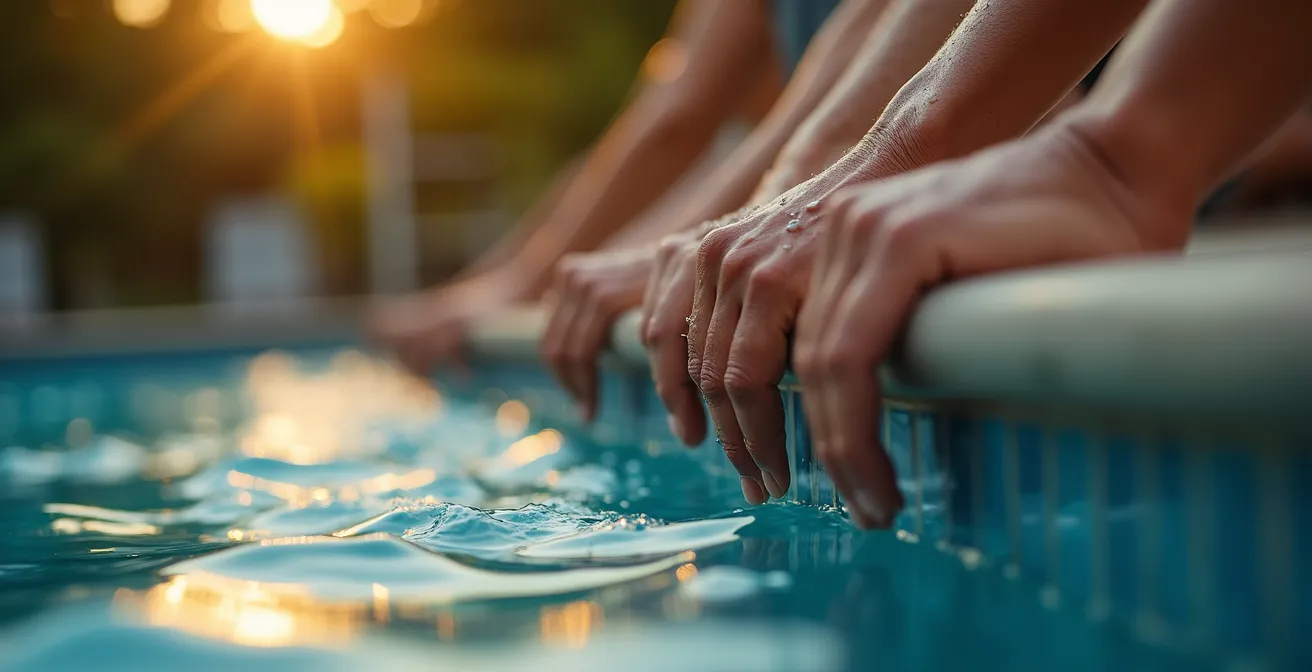Groupe diversifié de sportifs échangeant au bord d'une piscine après leurs entraînements