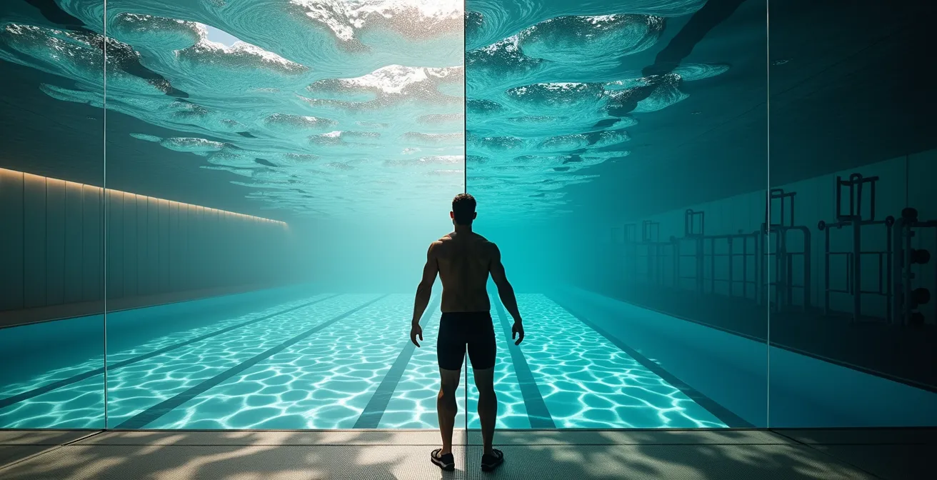 Personne hésitant entre différents équipements sportifs aquatiques et terrestres